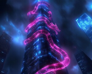 Poster - A digital artist painting a neon-lit dragon on a skyscraper in real time.
