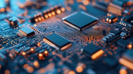 Poster - Close-up of electronic microchip on a luminous circuit board with detailed connections