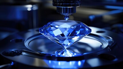 Poster - A precision gem-cutting machine in operation, slicing a sapphire into a flawless shape.