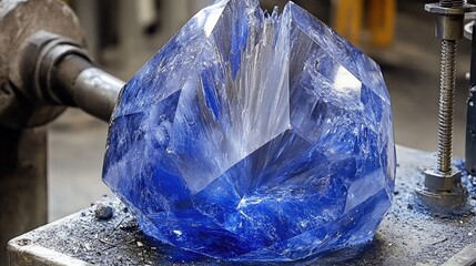 Poster - A precision gem-cutting machine in operation, slicing a sapphire into a flawless shape.
