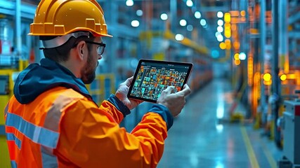 Poster - worker monitors operations with tablet in a modern industrial facility in bright lighting