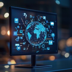Poster - A digital screen displaying a rotating globe with educational icons surrounding it.
