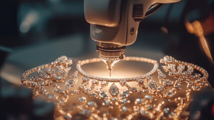 Poster - A robotic arm placing diamonds onto a necklace frame with precise alignment technology.
