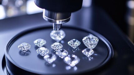 Poster - A robotic arm placing diamonds onto a necklace frame with precise alignment technology.