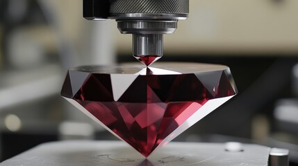 Poster - A rotating gemstone being measured under a digital microscope for cutting accuracy.