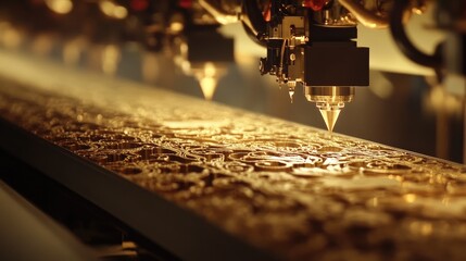 Poster - A row of CNC machines engraving intricate patterns onto gold and platinum jewelry pieces.