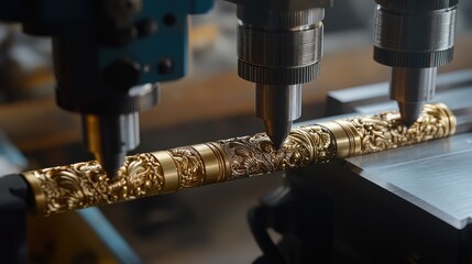 Poster - A row of CNC machines engraving intricate patterns onto gold and platinum jewelry pieces.