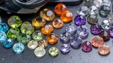 Poster - A selection of high-quality colored gemstones placed under a microscope for precision grading.