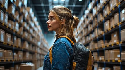 Poster - Person exploring an organized warehouse filled with cardboard boxes during daytime