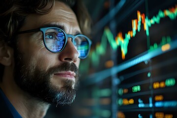 Poster - Bearded Caucasian male trader analyzing financial market data reflected in glasses while watching dynamic stock charts and digital indicators.