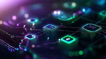 Poster - Glowing microchip processors connected by digital pathways on dark circuit board with purple and turquoise lighting effects, macro view showing technology connections.
