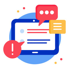 Poster - Visual representation of a digital interface highlighting notifications about potential issues. Speech bubbles and alert icons suggest ongoing discussions and resolutions