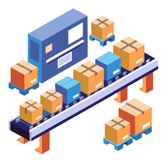 Poster - Packages in various sizes are smoothly transported on a digital conveyor belt within a logistics facility, showcasing an efficient handling process during the day