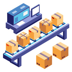 Poster - Packages are traveling efficiently down a digital conveyor belt in a modern warehouse. The system features a monitor displaying operational data, optimizing the workflow