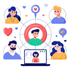 Poster - Illustration showing targeted marketing techniques with diverse audience profiles centered around a laptop. Visual elements express engagement and connection through hearts and user interactions