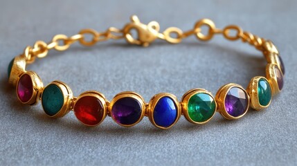 Poster - A stunning multi-gemstone bracelet featuring sapphire, emerald, and amethyst stones on a gold chain.