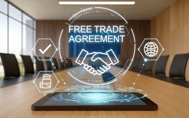 Poster - Global Trade Agreement: A digital projection hovers above a tablet, displaying symbols representing 
