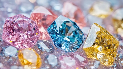 Poster - A variety of color-enhanced diamonds in blue, pink, and yellow, elegantly displayed.