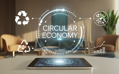 Poster - Circular Economy: Conceptual image of a circular economy with a tablet in the foreground displays a digital interface, a modern office interior in the background.