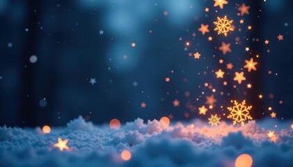 Wall Mural - Glimmering snowflakes and stars fall on a dark, blurred background , purple, crystal, nature