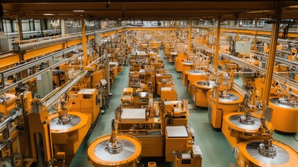 Poster - A wide-angle view of a modern jewelry manufacturing facility filled with advanced machinery.