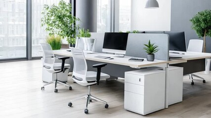 Poster - Modern workspace with sleek design and greenery in bright office environment