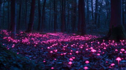 Wall Mural - a magical forest illuminated by vibrant pink mushrooms creates a surreal atmosphere. nature comes al