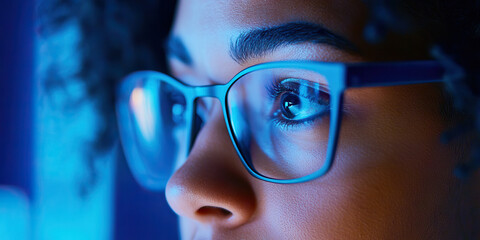 Poster - Close-up of a Person Wearing Glasses in Blue Light