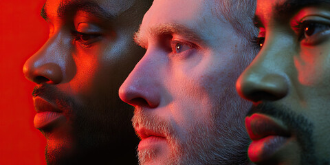 Poster - Close-up Profile Portraits of Three Men with Different Skin Tones Under Red Lighting