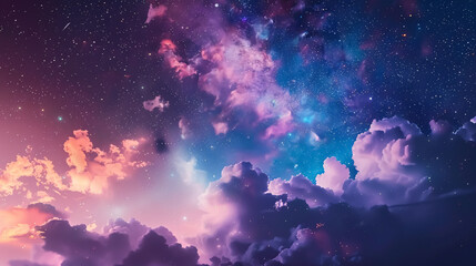 Night sky with stars, clouds, nebula, and galaxy. Landscape with gradient blue and purple colorful cosmos with stardust and the Milky Way. Magic color galaxy, space background.