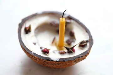 Poster - A warm and cozy candle situated within a natural coconut shell.