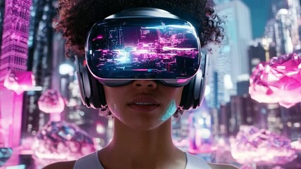 Poster - Gamer woman exploring virtual worlds through cloud gaming technology in an immersive cityscape at night