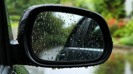 Aufkleber - Raindrops cling to the surface of a car's side mirror, reflecting the lush greenery and blurred outlines of a tranquil street. The rainy season creates a serene ambiance