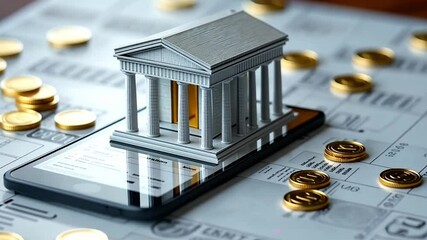 Poster - Digital banking with a bank building model on a smartphone surrounded by gold coins