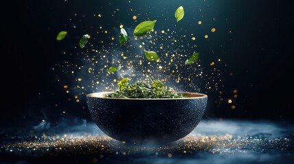 Poster - A futuristic tea ceremony where tea leaves float in mid-air glowing.