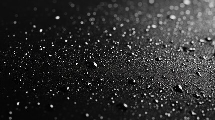 Poster - Tiny droplets scatter across a smooth, dark surface, glimmering as they catch the light. This mesmerizing display follows a heavy rainfall, creating an artistic atmosphere