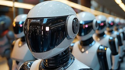 Poster - Sophisticated humanoid robots lined up in a futuristic showroom during a technology exposition
