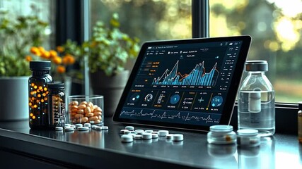 Poster - Health analytics setup with various supplement bottles and a digital device displaying data