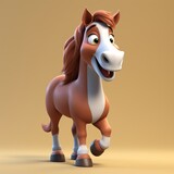 3D cartoon horse with a big smile, cheerful fairytale character in animated style on a light background