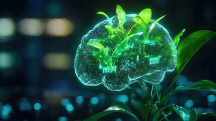 Poster - A glowing brain composed of plants and circuits, symbolizing green innovation