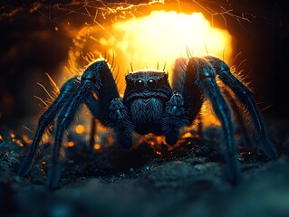 Wall Mural - A Dramatic Glowing Spiderweb in the Forgotten Corner of a Dusty Attic Spine chilling Pest Concept