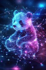 Poster - A glowing holographic panda appearing in a digital art gallery.