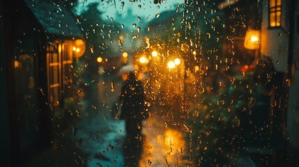 Aufkleber - A mesmerizing display of raindrops clings to a window, blurring the world outside. Soft golden lights shimmer through the droplets, creating a cozy atmosphere on a rainy evening in a quaint street