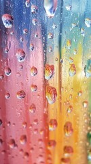 Poster - Gentle raindrops cling to a vibrant window, their forms refracting soft hues of color that blend together in a stunning display. A moment of peaceful reflection captures the magic of a rainy day