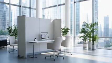 Poster - Modern office workspace featuring large windows and greenery enhances productivity in a professional environment
