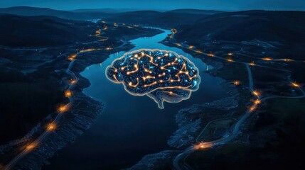 Poster - A glowing river forming the outline of a brain, symbolizing innovation.