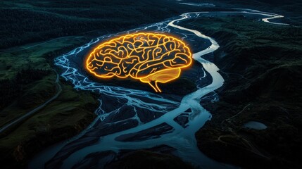 Poster - A glowing river forming the outline of a brain, symbolizing innovation.
