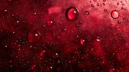 Poster - Glistening droplets of water rest on a deep red surface, creating a mesmerizing texture that showcases the beauty and intricacy of nature’s design