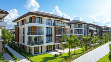 Aufkleber - Modern flats are beautifully designed, surrounded by lush greenery and palm trees. The architecture showcases a stunning blend of elegance and comfort