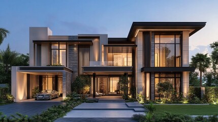 Aufkleber - Nestled amidst lush greenery, this striking luxury house embodies contemporary design with expansive glass walls, stylish lighting, and a welcoming entrance that reflects sophistication